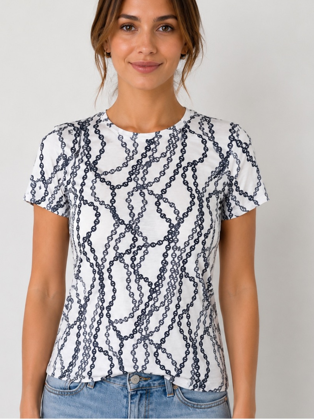 L'Agence Ressi  Chain Print Crewneck Tee Knit Top Size XS NWT $115 Black White